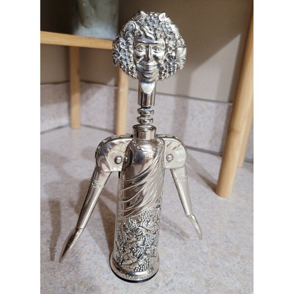 VINTAGE GODINGER ITALY "BACCHUS" SILVER PLATED CORKSCREW WINE BOTTLE OPENER - Picture 1 of 3
